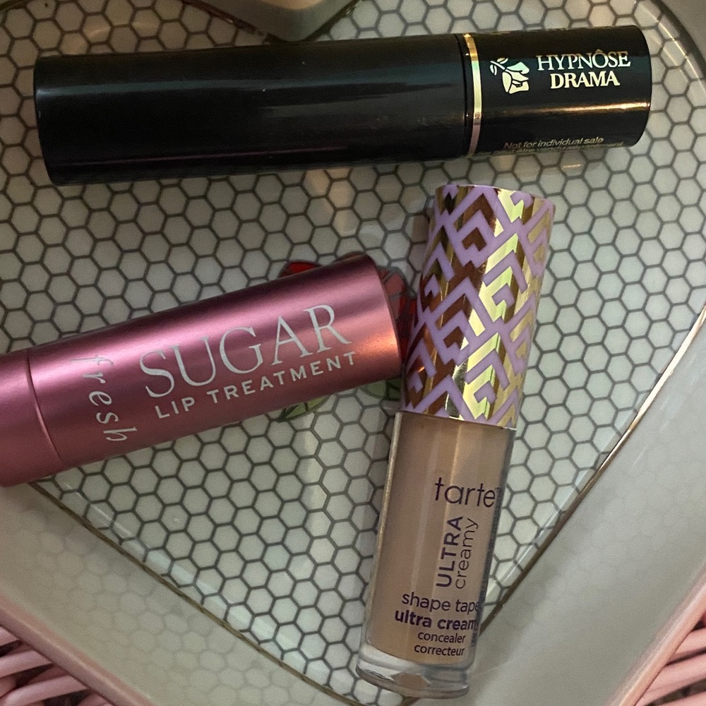 Lancome Hypnose Drama Mascara, Fresh Sugar lip treatment, and Tarte concealer
